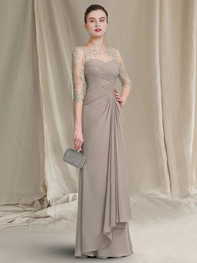 Wholesale A-Line Mother of the Bride Dress Plus Size Elegant Jewel Neck Floor Length Chiffon Lace 3/4 Length Sleeve with Ruched Appliques